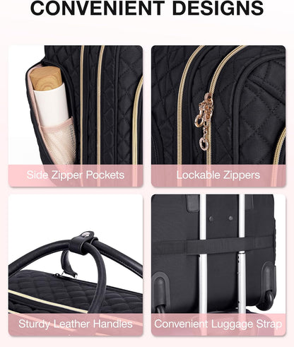 Rolling Laptop Bag Women, 17.3-Inch Quilted Briefcase on Wheels, Computer Case for Business Travel Work