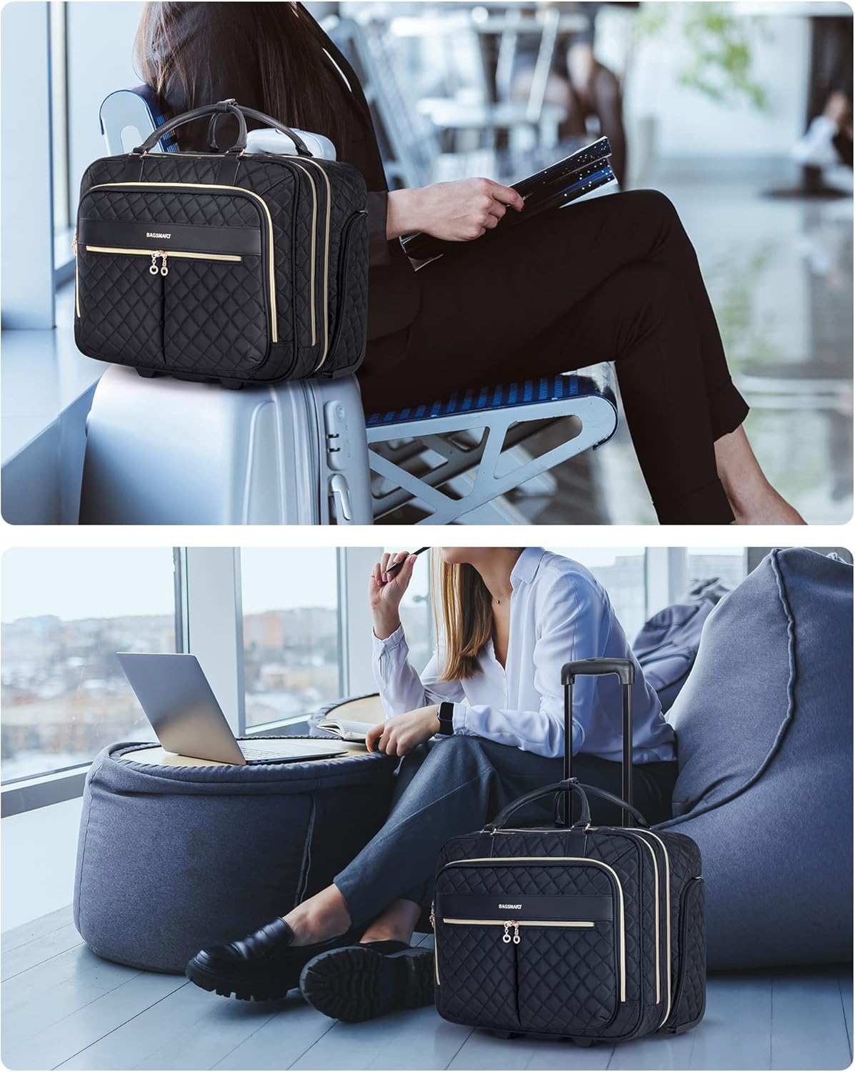 Rolling Laptop Bag Women, 17.3-Inch Quilted Briefcase on Wheels, Computer Case for Business Travel Work