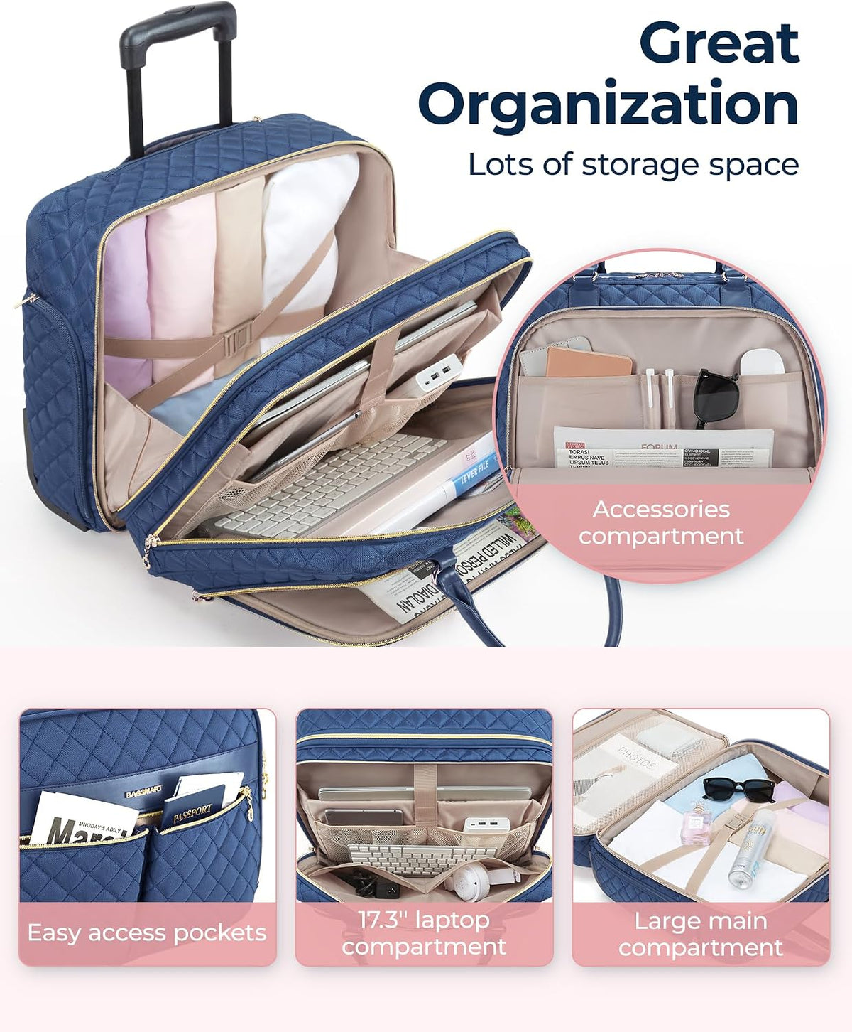 Rolling Laptop Bag Women, 17.3-Inch Quilted Briefcase on Wheels, Computer Case for Business Travel Work