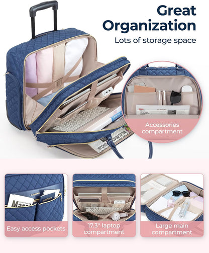 Rolling Laptop Bag Women, 17.3-Inch Quilted Briefcase on Wheels, Computer Case for Business Travel Work