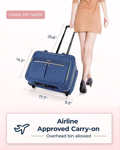 Rolling Laptop Bag Women, 17.3-Inch Quilted Briefcase on Wheels, Computer Case for Business Travel Work