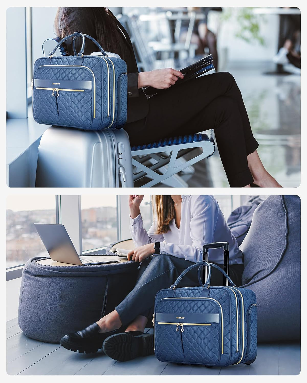 Rolling Laptop Bag Women, 17.3-Inch Quilted Briefcase on Wheels, Computer Case for Business Travel Work