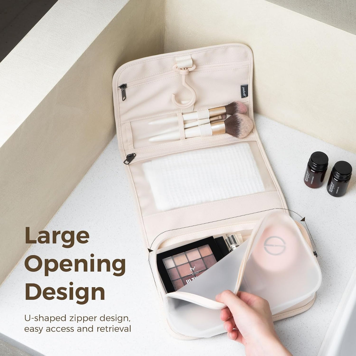 Hanging Travel Toiletry Bag, Foldable Cosmetic Bag with Multiple Compartments, Water-Resistant Makeup Bag for Toiletries, Accessories (Light Blue)