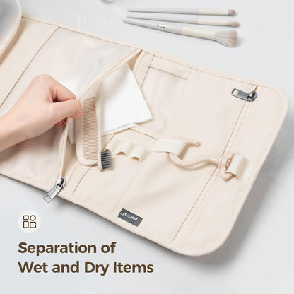Hanging Travel Toiletry Bag, Foldable Cosmetic Bag with Multiple Compartments, Water-Resistant Makeup Bag for Toiletries, Accessories (Light Blue)