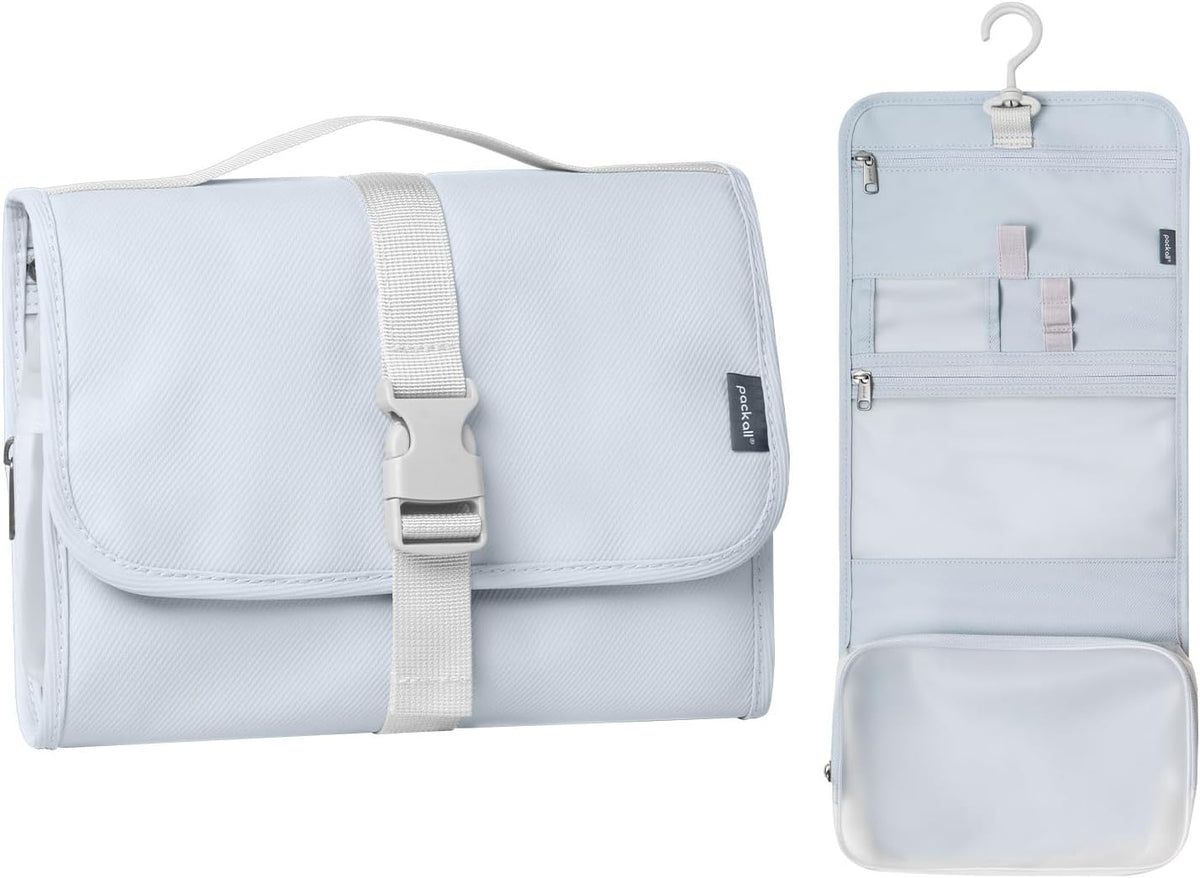 Hanging Travel Toiletry Bag, Foldable Cosmetic Bag with Multiple Compartments, Water-Resistant Makeup Bag for Toiletries, Accessories (Light Blue)