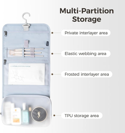 Hanging Travel Toiletry Bag, Foldable Cosmetic Bag with Multiple Compartments, Water-Resistant Makeup Bag for Toiletries, Accessories (Light Blue)