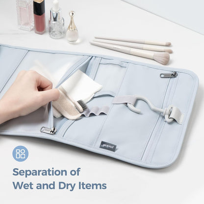 Hanging Travel Toiletry Bag, Foldable Cosmetic Bag with Multiple Compartments, Water-Resistant Makeup Bag for Toiletries, Accessories (Light Blue)