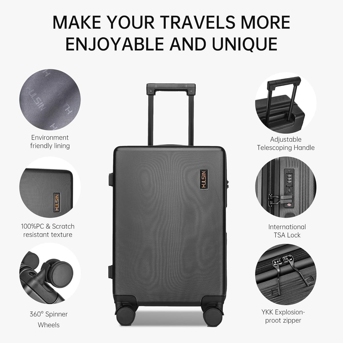 Hulsin 20 IN Hard Shell Carry on Luggage 22x14x9 Airline Approved for Women | Hardside Carry-on Suitcase with Spinner Wheels,Small Lightweight Rolling Suitcase for Travel,Holiday,Business