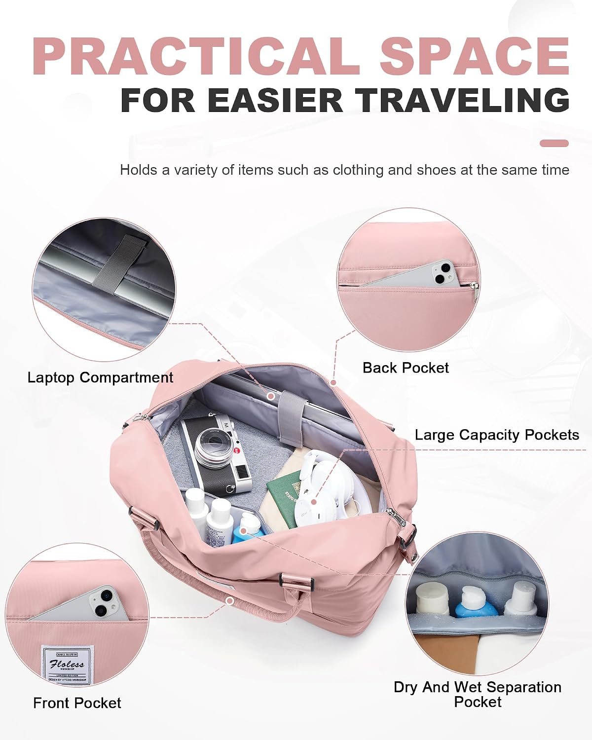 Travel Duffel Bag, 18x14x8 Inches Travel Bag Spirit with Shoes Compartment, Weekender Overnight Bag for Women with Trolley Sleeve, Carry On Bag for Airplanes Sport Tote Gym Bag Black - Colors B