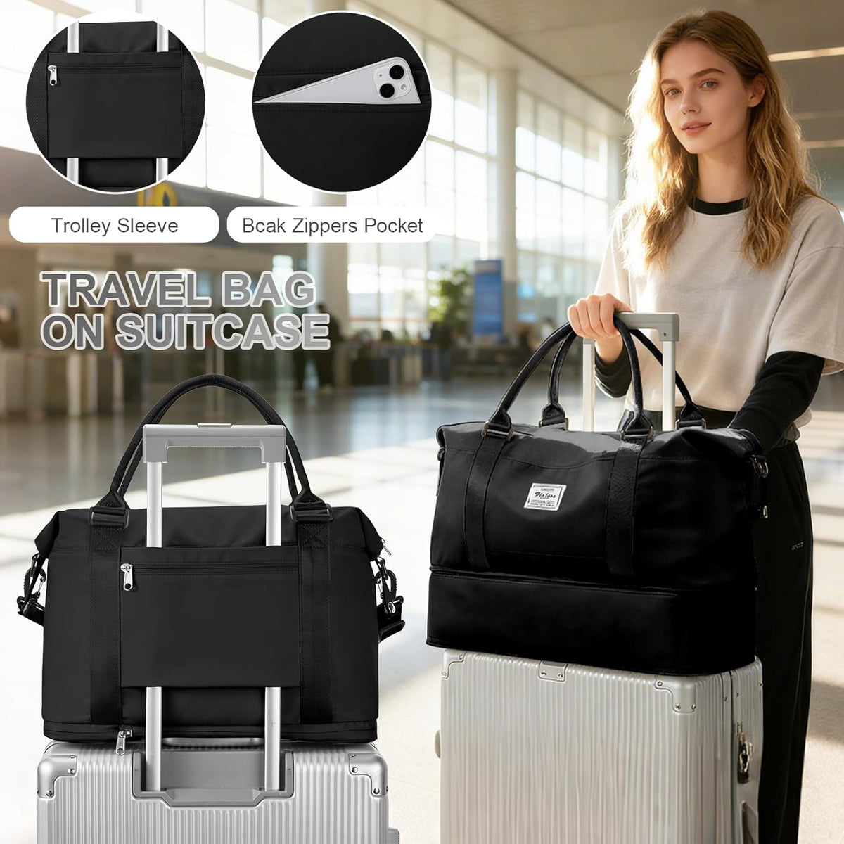 Travel Duffel Bag, 18x14x8 Inches Travel Bag Spirit with Shoes Compartment, Weekender Overnight Bag for Women with Trolley Sleeve, Carry On Bag for Airplanes Sport Tote Gym Bag Black - Colors B