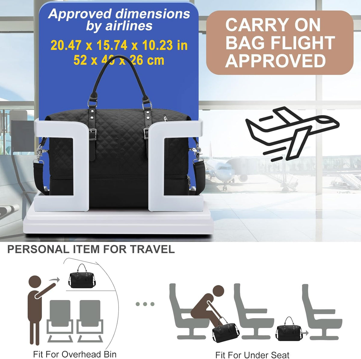 Travel Duffel Bag, 18x14x8 Inches Travel Bag Spirit with Shoes Compartment, Weekender Overnight Bag for Women with Trolley Sleeve, Carry On Bag for Airplanes Sport Tote Gym Bag Black - Colors B