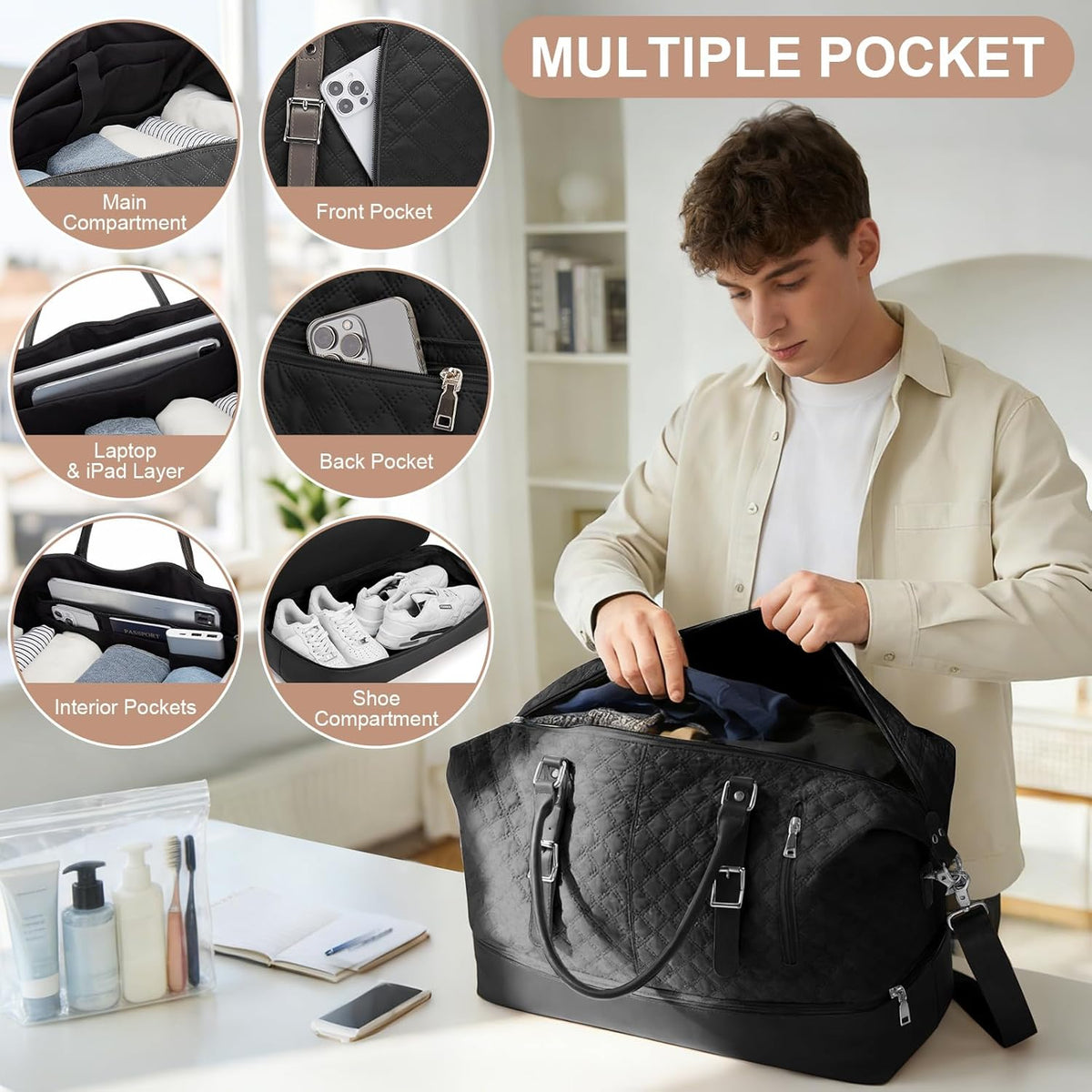 Travel Duffel Bag, 18x14x8 Inches Travel Bag Spirit with Shoes Compartment, Weekender Overnight Bag for Women with Trolley Sleeve, Carry On Bag for Airplanes Sport Tote Gym Bag Black - Colors B