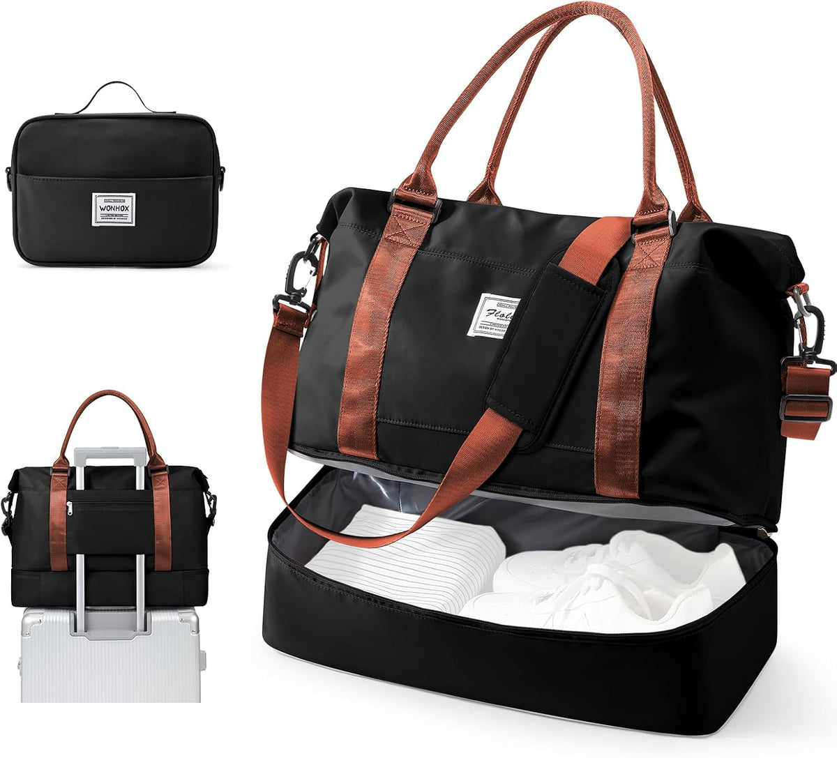 Travel Duffel Bag, 18x14x8 Inches Travel Bag Spirit with Shoes Compartment, Weekender Overnight Bag for Women with Trolley Sleeve, Carry On Bag for Airplanes Sport Tote Gym Bag Black - Colors B