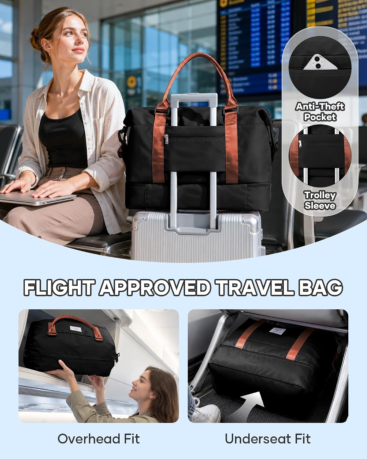 Travel Duffel Bag, 18x14x8 Inches Travel Bag Spirit with Shoes Compartment, Weekender Overnight Bag for Women with Trolley Sleeve, Carry On Bag for Airplanes Sport Tote Gym Bag Black - Colors B