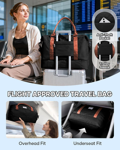 Travel Duffel Bag, 18x14x8 Inches Travel Bag Spirit with Shoes Compartment, Weekender Overnight Bag for Women with Trolley Sleeve, Carry On Bag for Airplanes Sport Tote Gym Bag Black - Colors B