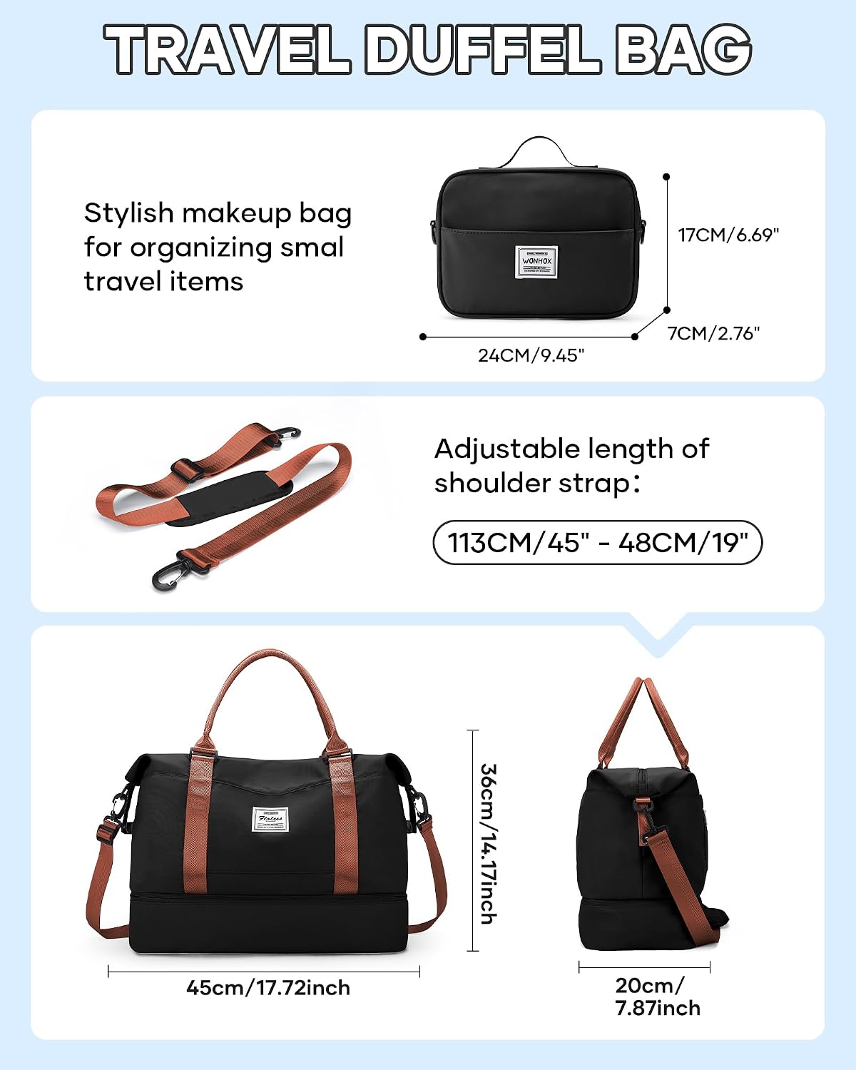 Travel Duffel Bag, 18x14x8 Inches Travel Bag Spirit with Shoes Compartment, Weekender Overnight Bag for Women with Trolley Sleeve, Carry On Bag for Airplanes Sport Tote Gym Bag Black - Colors B