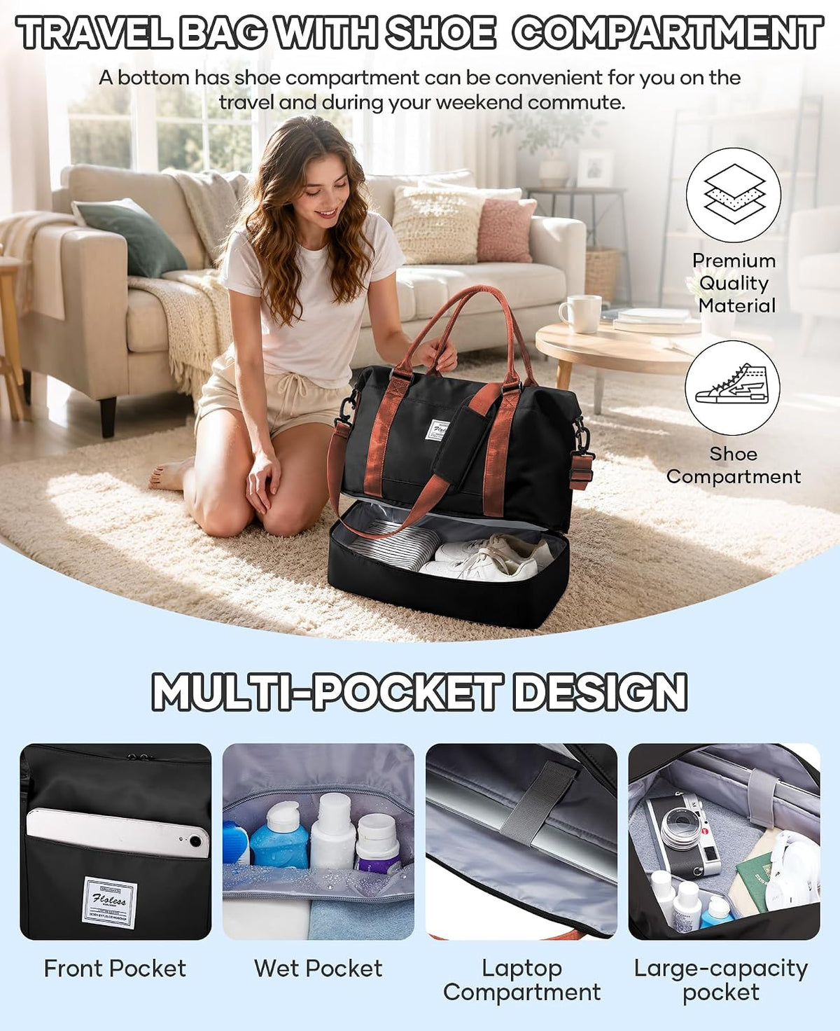 Travel Duffel Bag, 18x14x8 Inches Travel Bag Spirit with Shoes Compartment, Weekender Overnight Bag for Women with Trolley Sleeve, Carry On Bag for Airplanes Sport Tote Gym Bag Black - Colors B