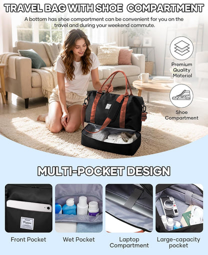 Travel Duffel Bag, 18x14x8 Inches Travel Bag Spirit with Shoes Compartment, Weekender Overnight Bag for Women with Trolley Sleeve, Carry On Bag for Airplanes Sport Tote Gym Bag Black - Colors B