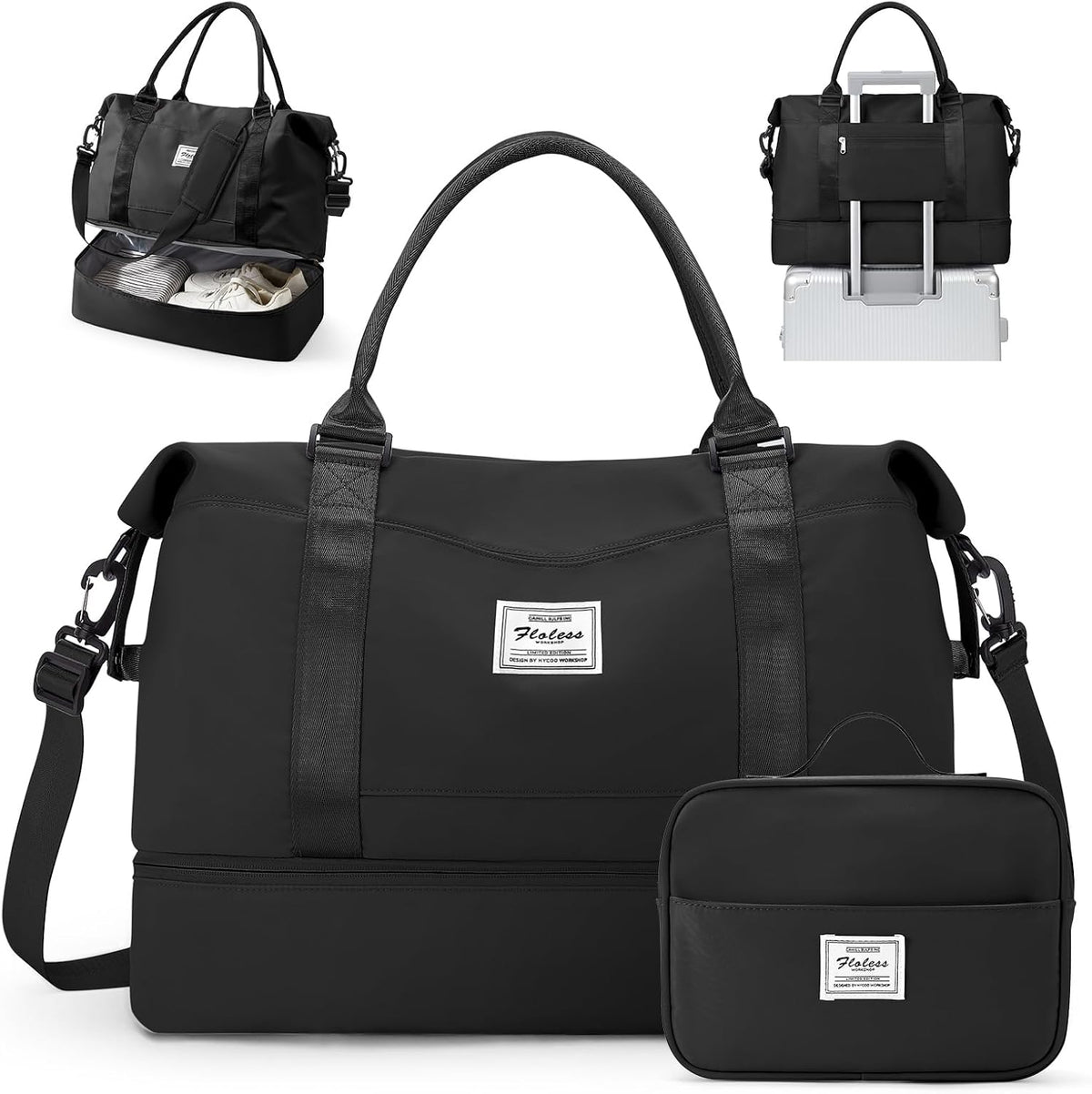 Travel Duffel Bag, 18x14x8 Inches Travel Bag Spirit with Shoes Compartment, Weekender Overnight Bag for Women with Trolley Sleeve, Carry On Bag for Airplanes Sport Tote Gym Bag Black - Colors B