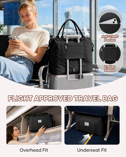 Travel Duffel Bag, 18x14x8 Inches Travel Bag Spirit with Shoes Compartment, Weekender Overnight Bag for Women with Trolley Sleeve, Carry On Bag for Airplanes Sport Tote Gym Bag Black - Colors B