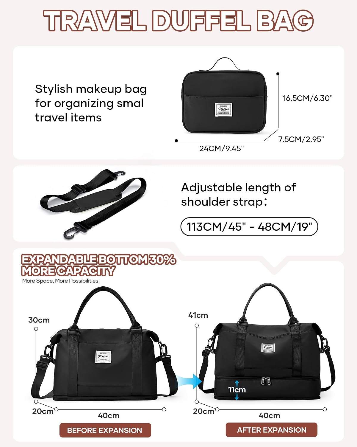 Travel Duffel Bag, 18x14x8 Inches Travel Bag Spirit with Shoes Compartment, Weekender Overnight Bag for Women with Trolley Sleeve, Carry On Bag for Airplanes Sport Tote Gym Bag Black - Colors B