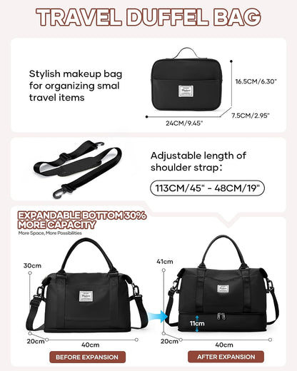 Travel Duffel Bag, 18x14x8 Inches Travel Bag Spirit with Shoes Compartment, Weekender Overnight Bag for Women with Trolley Sleeve, Carry On Bag for Airplanes Sport Tote Gym Bag Black - Colors B
