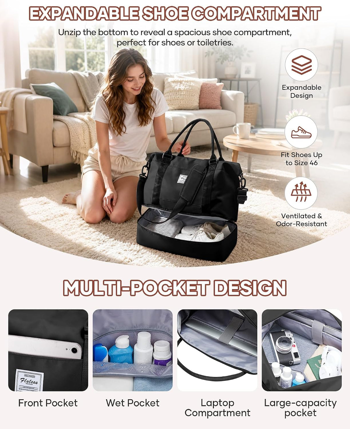 Travel Duffel Bag, 18x14x8 Inches Travel Bag Spirit with Shoes Compartment, Weekender Overnight Bag for Women with Trolley Sleeve, Carry On Bag for Airplanes Sport Tote Gym Bag Black - Colors B