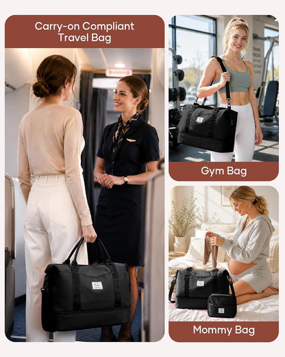Travel Duffel Bag, 18x14x8 Inches Travel Bag Spirit with Shoes Compartment, Weekender Overnight Bag for Women with Trolley Sleeve, Carry On Bag for Airplanes Sport Tote Gym Bag Black - Colors B