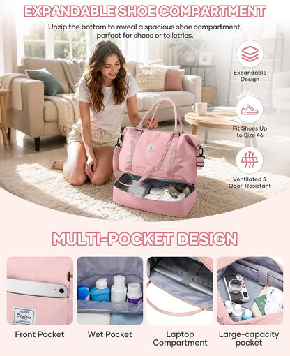 Travel Duffel Bag, 18x14x8 Inches Travel Bag Spirit with Shoes Compartment, Weekender Overnight Bag for Women with Trolley Sleeve, Carry On Bag for Airplanes Sport Tote Gym Bag Black - Colors B