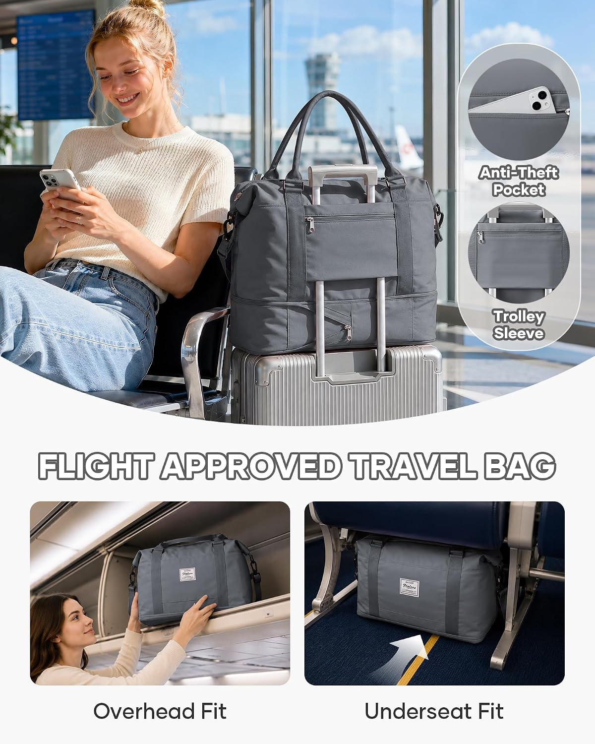 Travel Duffel Bag, 18x14x8 Inches Travel Bag Spirit with Shoes Compartment, Weekender Overnight Bag for Women with Trolley Sleeve, Carry On Bag for Airplanes Sport Tote Gym Bag Black - Colors B
