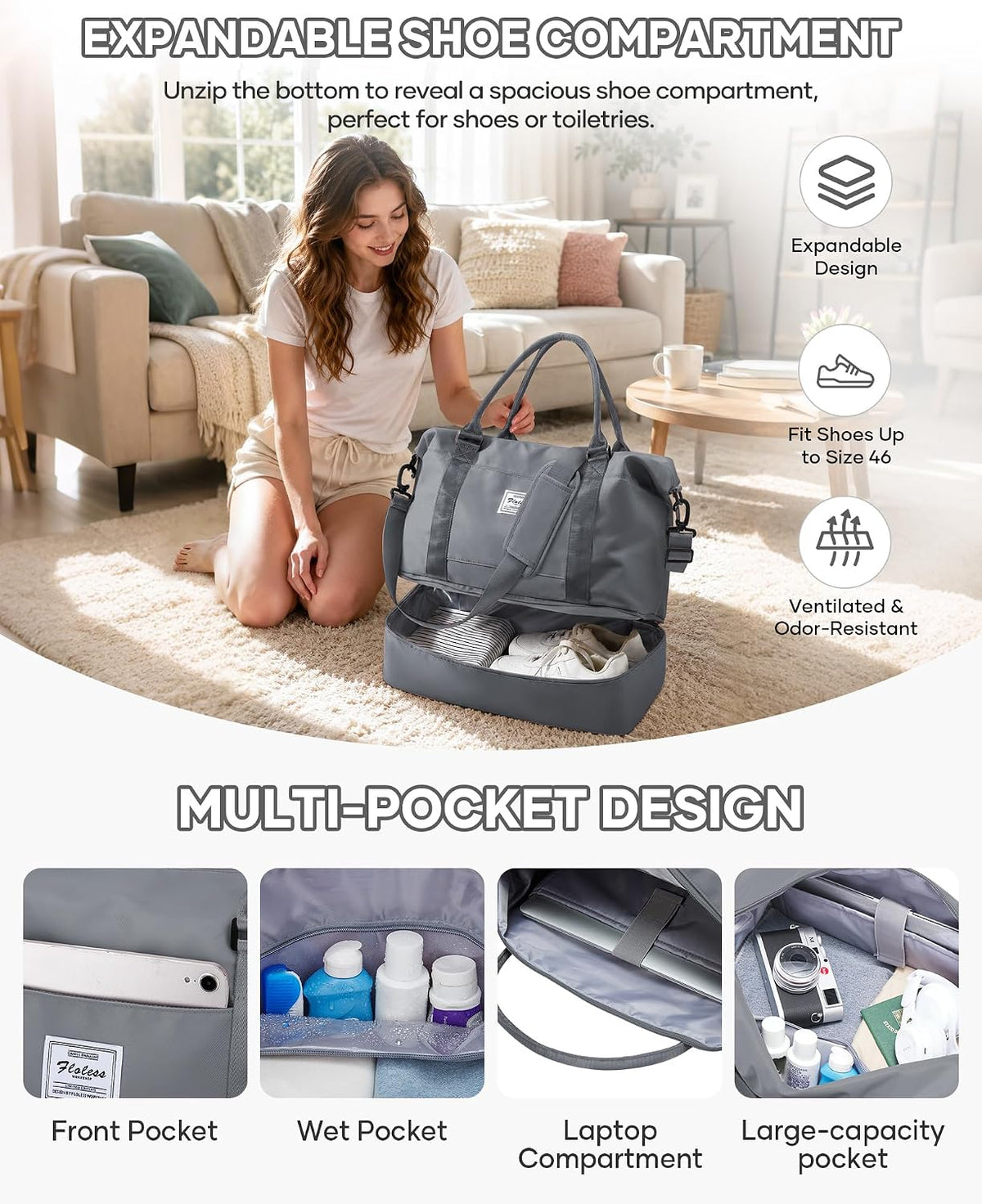 Travel Duffel Bag, 18x14x8 Inches Travel Bag Spirit with Shoes Compartment, Weekender Overnight Bag for Women with Trolley Sleeve, Carry On Bag for Airplanes Sport Tote Gym Bag Black - Colors B