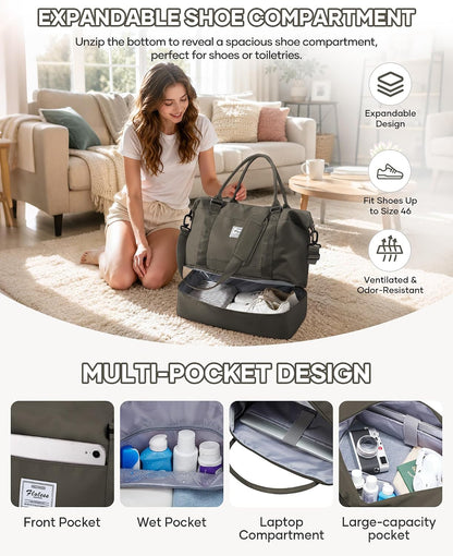 Travel Duffel Bag, 18x14x8 Inches Travel Bag Spirit with Shoes Compartment, Weekender Overnight Bag for Women with Trolley Sleeve, Carry On Bag for Airplanes Sport Tote Gym Bag Black - Colors B