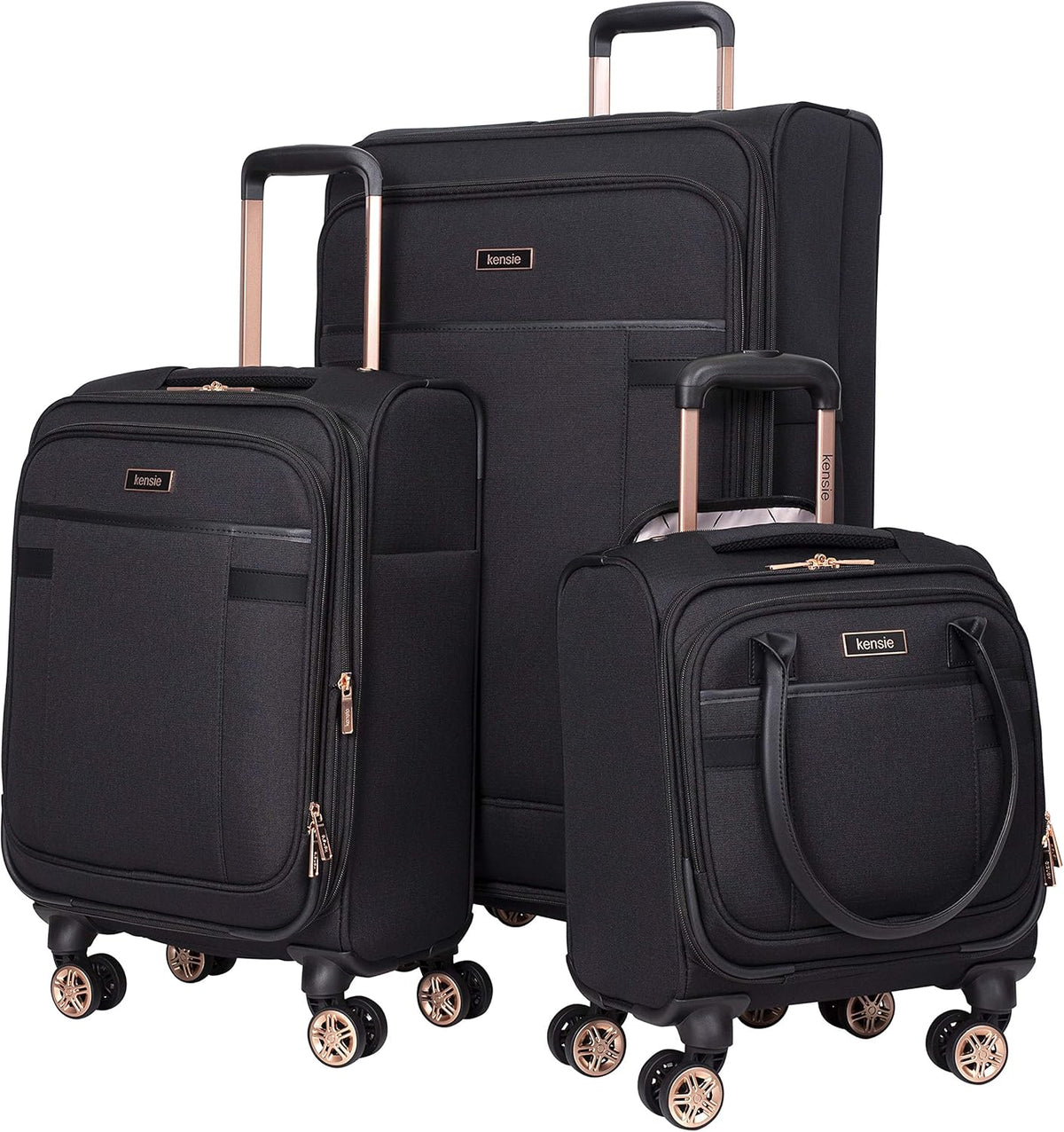 kensie Hudson Softside 3-Piece Spinner Luggage Set, Black with Rose Gold