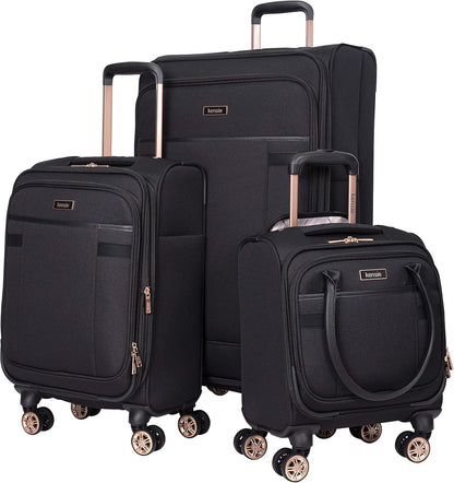 kensie Hudson Softside 3-Piece Spinner Luggage Set, Black with Rose Gold