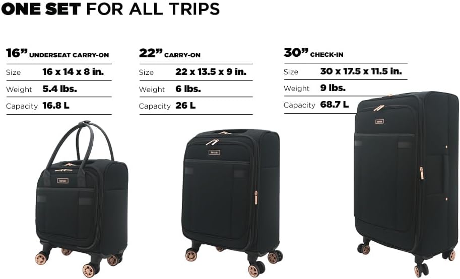 kensie Hudson Softside 3-Piece Spinner Luggage Set, Black with Rose Gold
