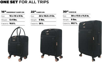 kensie Hudson Softside 3-Piece Spinner Luggage Set, Black with Rose Gold