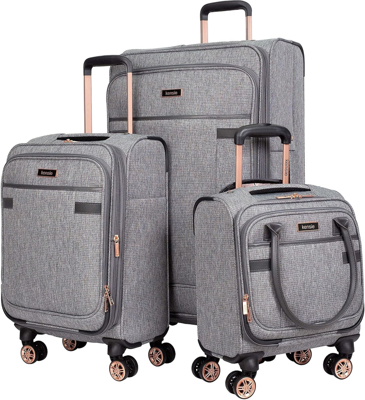 kensie Hudson Softside 3-Piece Spinner Luggage Set, Black with Rose Gold
