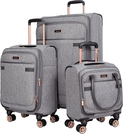 kensie Hudson Softside 3-Piece Spinner Luggage Set, Black with Rose Gold