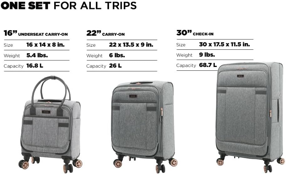 kensie Hudson Softside 3-Piece Spinner Luggage Set, Black with Rose Gold