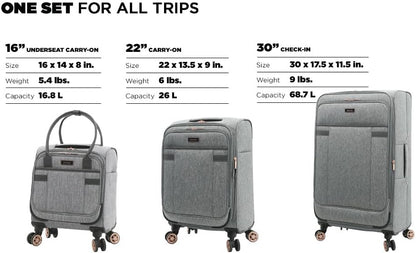 kensie Hudson Softside 3-Piece Spinner Luggage Set, Black with Rose Gold