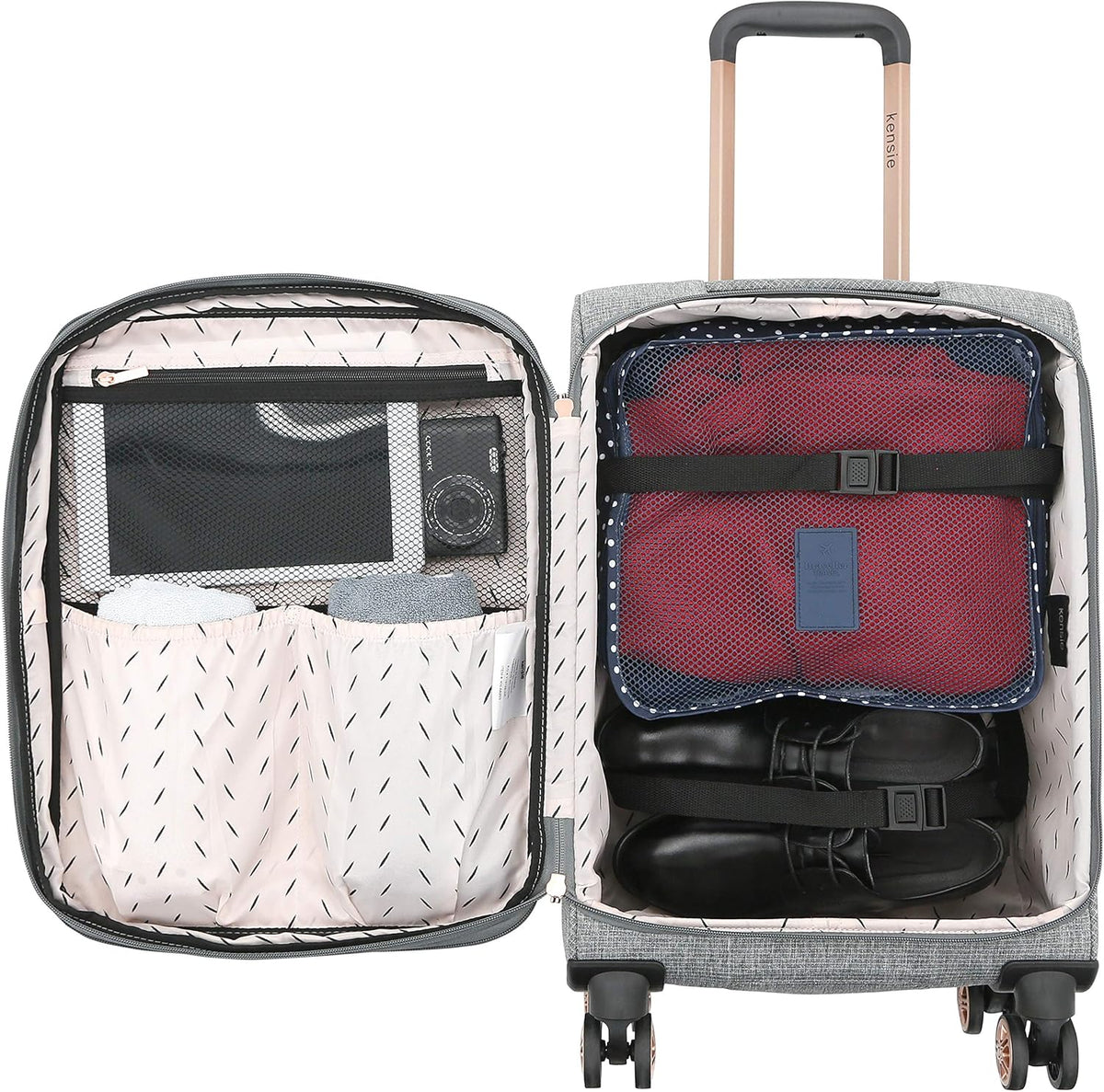 kensie Hudson Softside 3-Piece Spinner Luggage Set, Black with Rose Gold