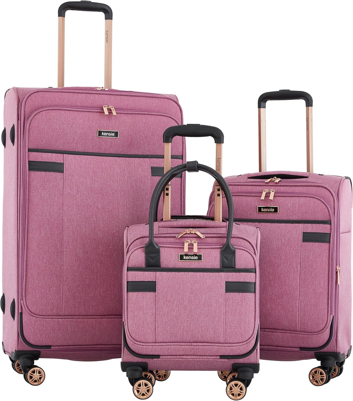 kensie Hudson Softside 3-Piece Spinner Luggage Set, Black with Rose Gold