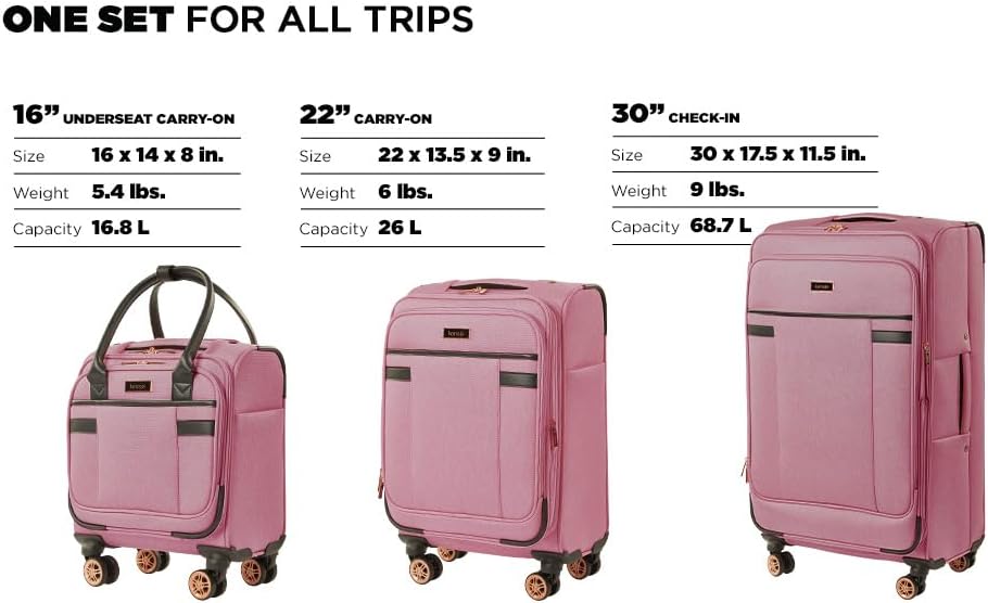 kensie Hudson Softside 3-Piece Spinner Luggage Set, Black with Rose Gold