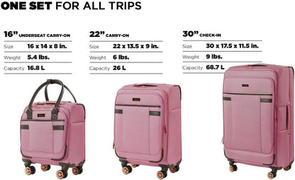 kensie Hudson Softside 3-Piece Spinner Luggage Set, Black with Rose Gold