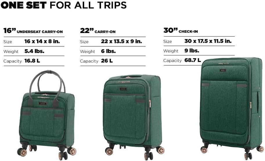 kensie Hudson Softside 3-Piece Spinner Luggage Set, Black with Rose Gold