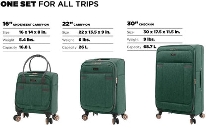 kensie Hudson Softside 3-Piece Spinner Luggage Set, Black with Rose Gold