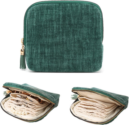 Small Jewelry Travel Case, Portable Travel Jewelry Organizer Soft Velvet Organizer Pouch Mini Travel Jewelry Bag with Zipper for Earring Crystal Bracelet Ring,Anti-Scratch(Blackish Green)