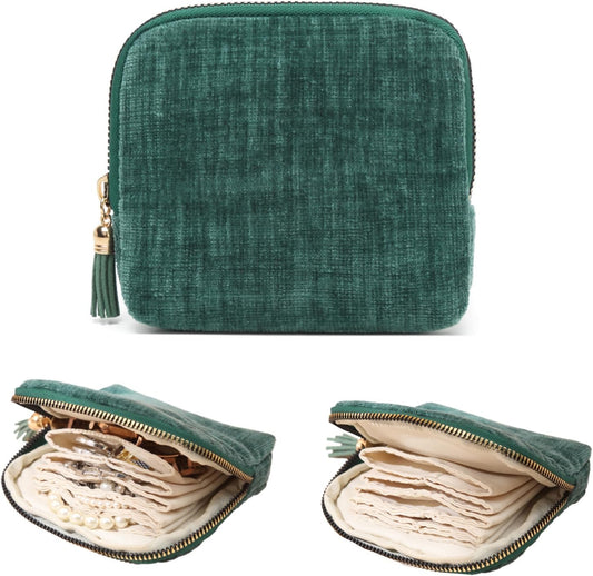 Small Jewelry Travel Case, Portable Travel Jewelry Organizer Soft Velvet Organizer Pouch Mini Travel Jewelry Bag with Zipper for Earring Crystal Bracelet Ring,Anti-Scratch(Blackish Green)