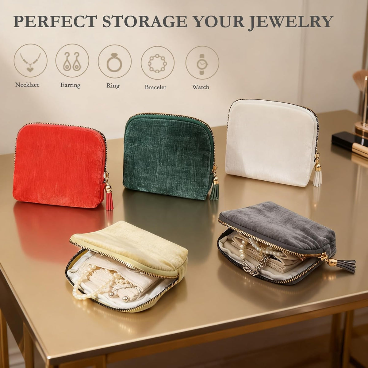 Small Jewelry Travel Case, Portable Travel Jewelry Organizer Soft Velvet Organizer Pouch Mini Travel Jewelry Bag with Zipper for Earring Crystal Bracelet Ring,Anti-Scratch(Blackish Green)