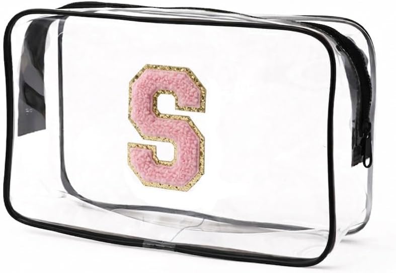 Clear Bags for Travel Essentials, Clear Toiletry Bag with Chenille Letters, Waterproof Cosmetic Travel Bag Portable with Zipper, Makeup Storage Organizer for Women & Men-A Black